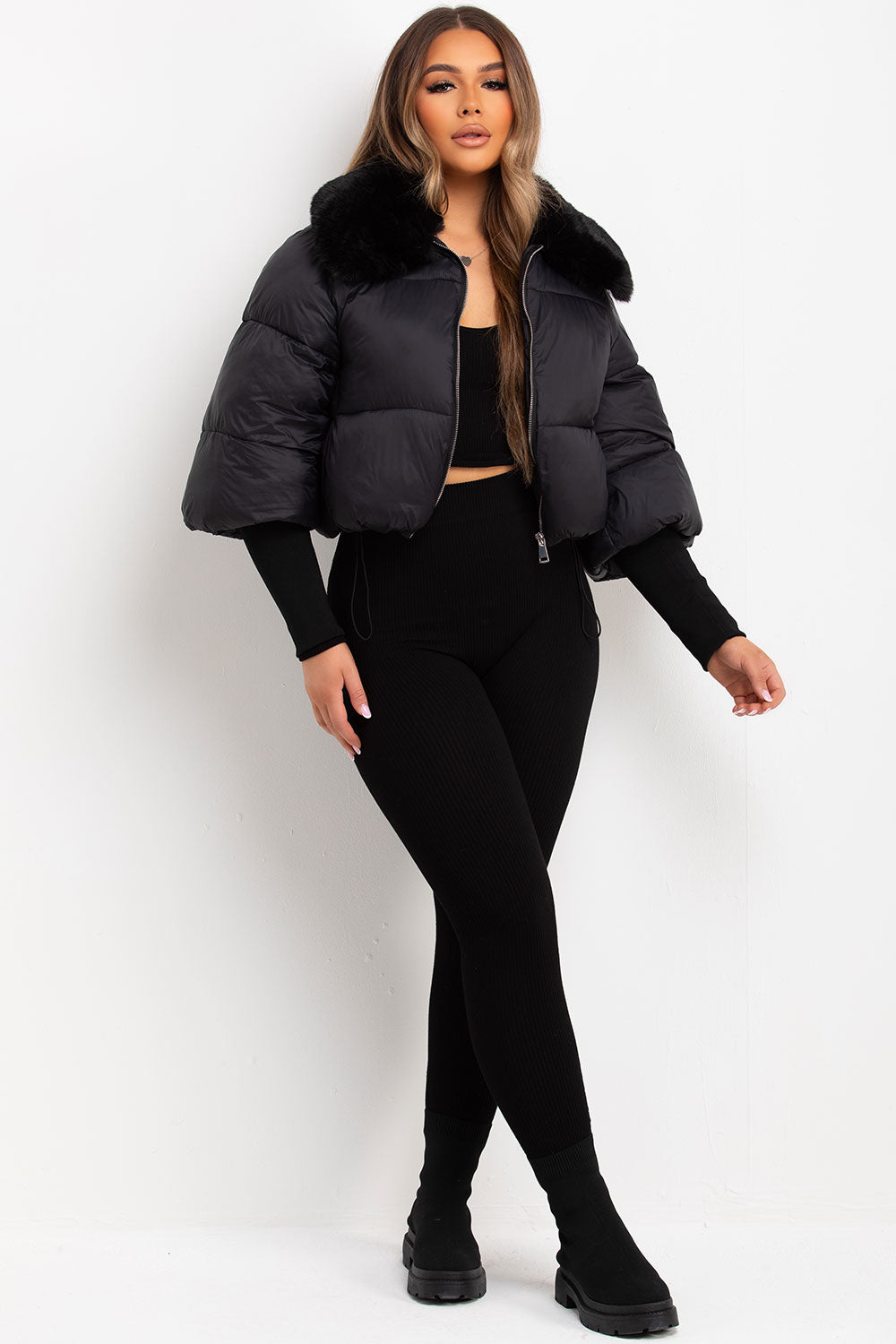womens black puffer padded jacket with fur collar styledup