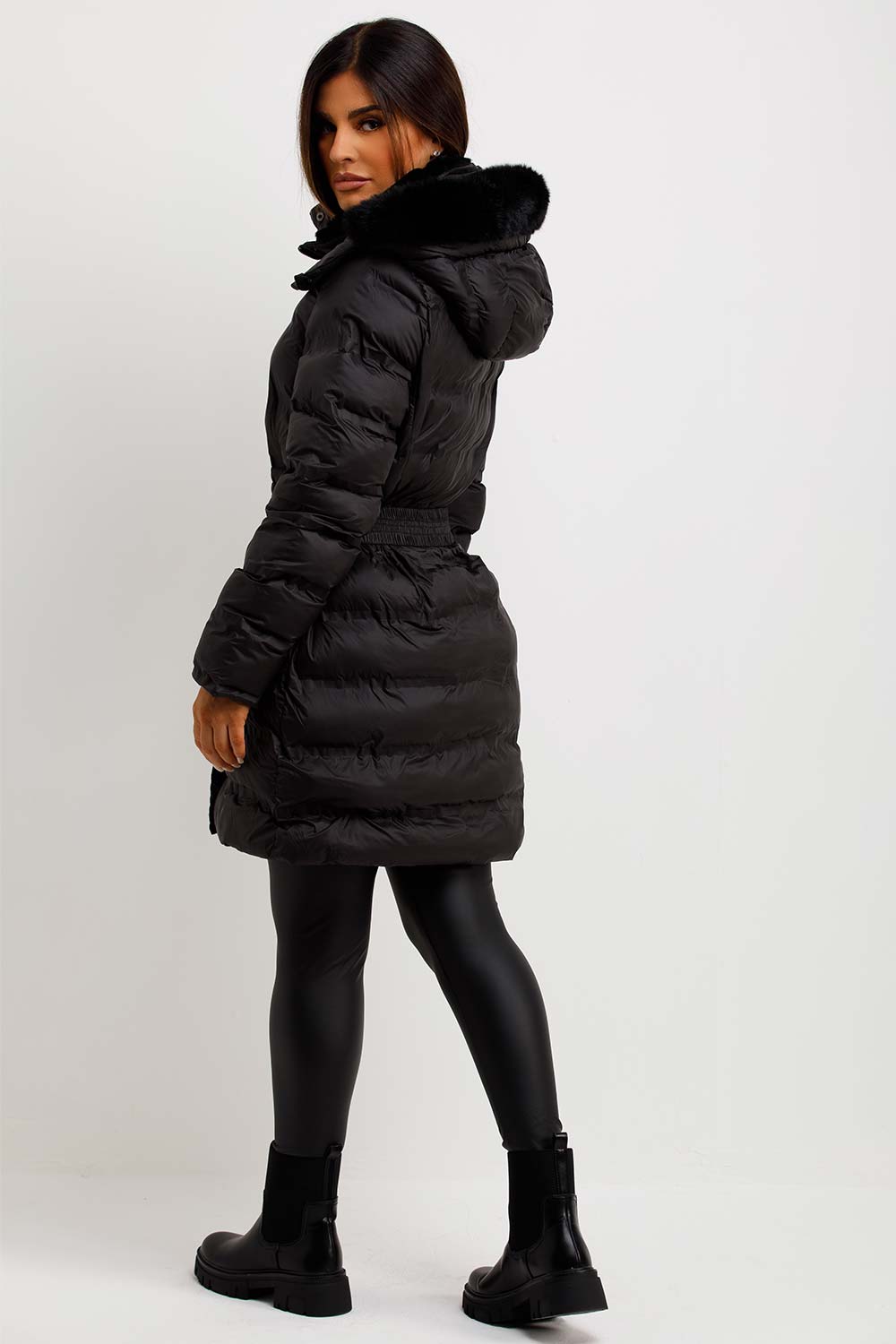 womens puffer padded coat with fur hood and belt