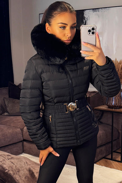 Women's Black Puffer Jacket With Faux Fur Hood And Gold Belt