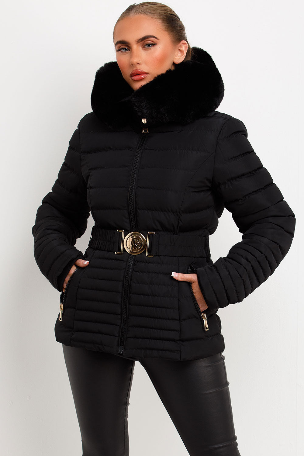 faux fur hood puffer coat with belt