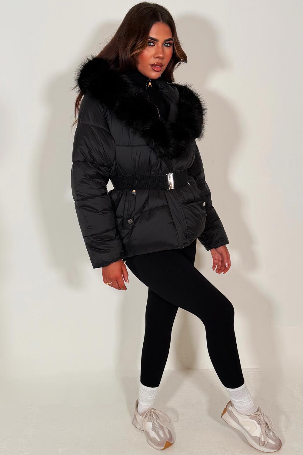 faux fur hood padded puffer jacket with waist belt womens outerwear styledup