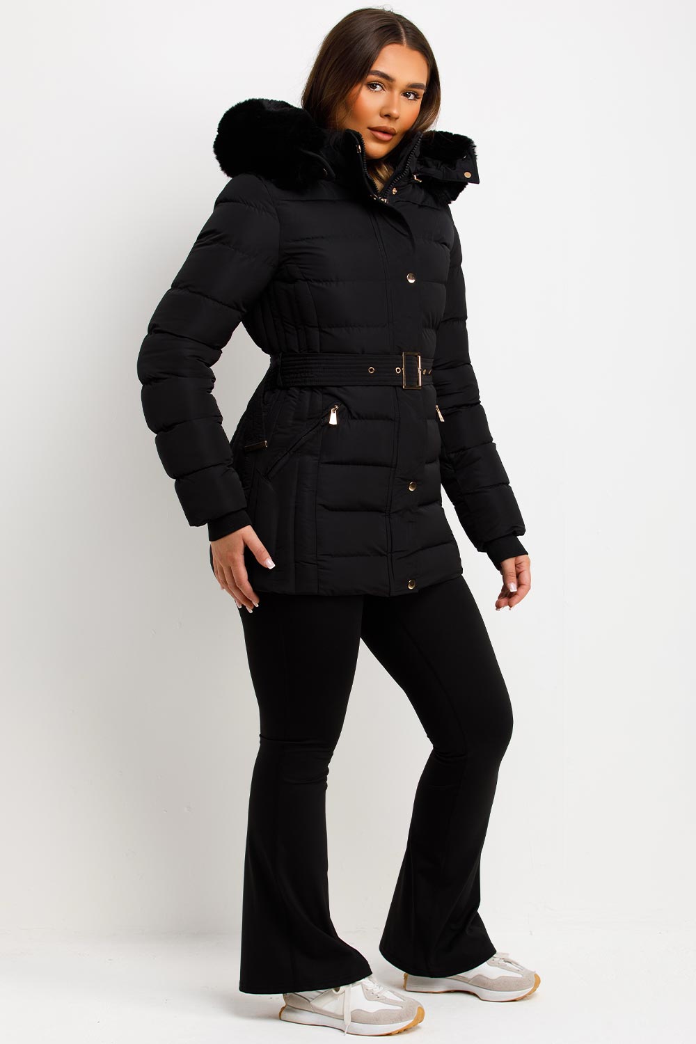 fur hood belted puffer padded quilted coat for womens winter outerwear