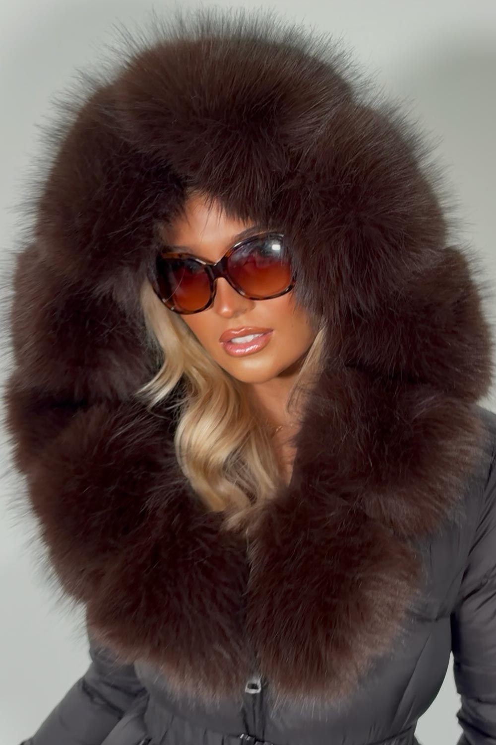 puffer coat with fur hood and belt black styledup uk