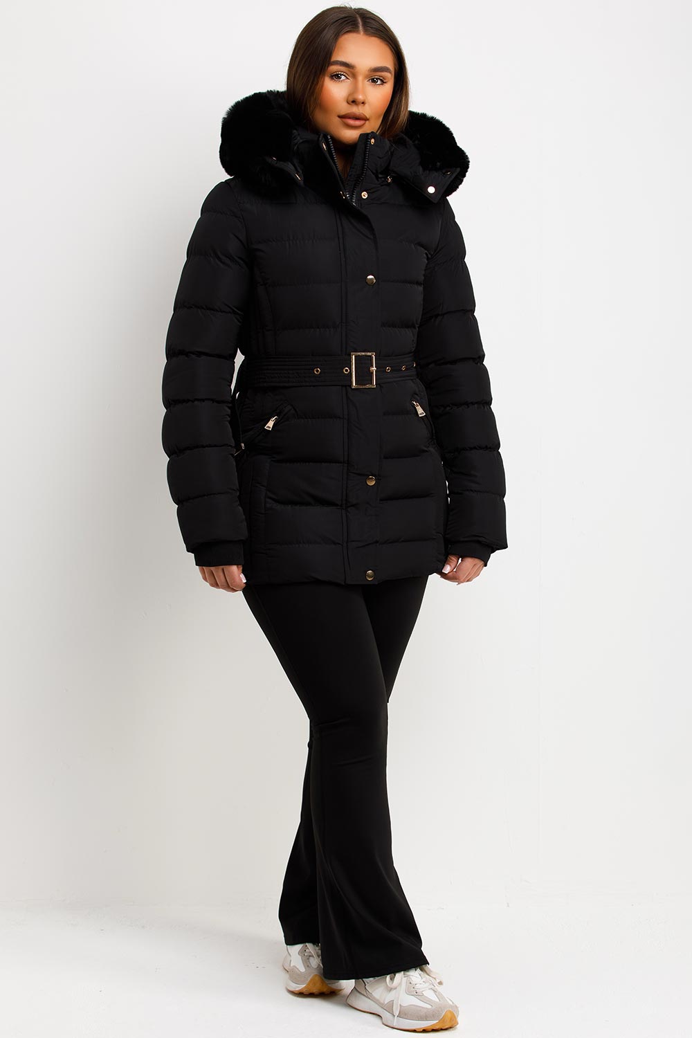 womens puffer coat with belt and fur hood