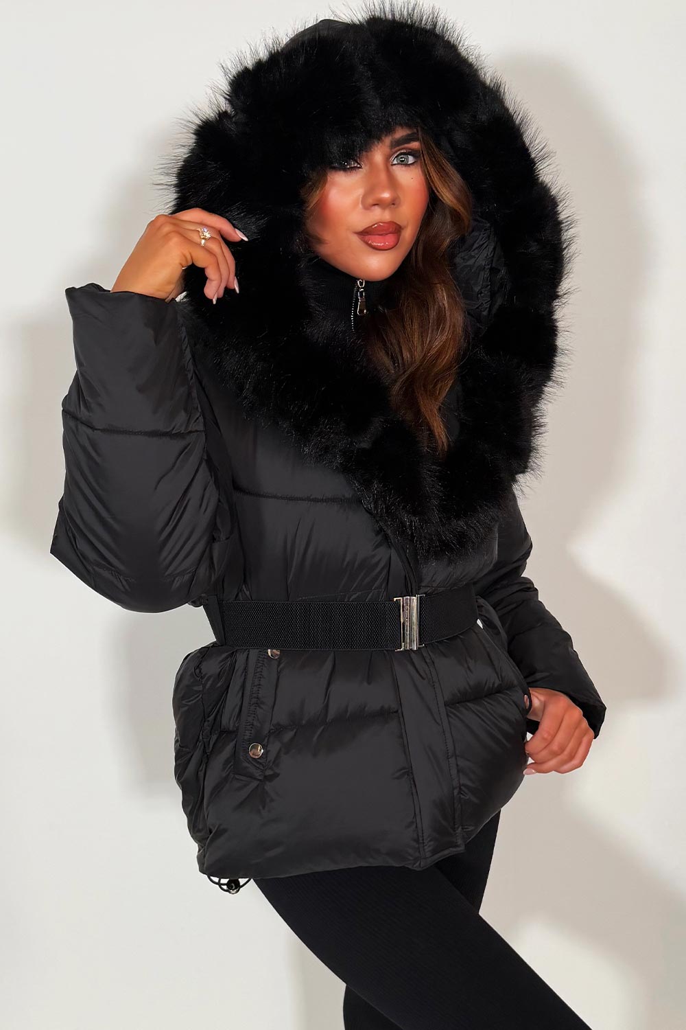 womens fur hood puffer jacket with waist belt styledup