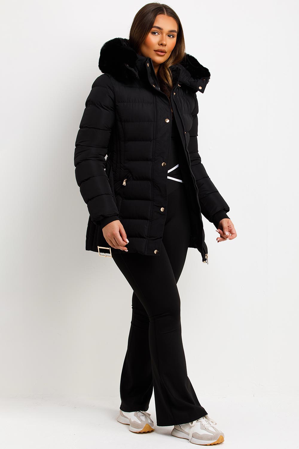 womens faux fur hooded padded puffer coat with belt winter outerwear styledup