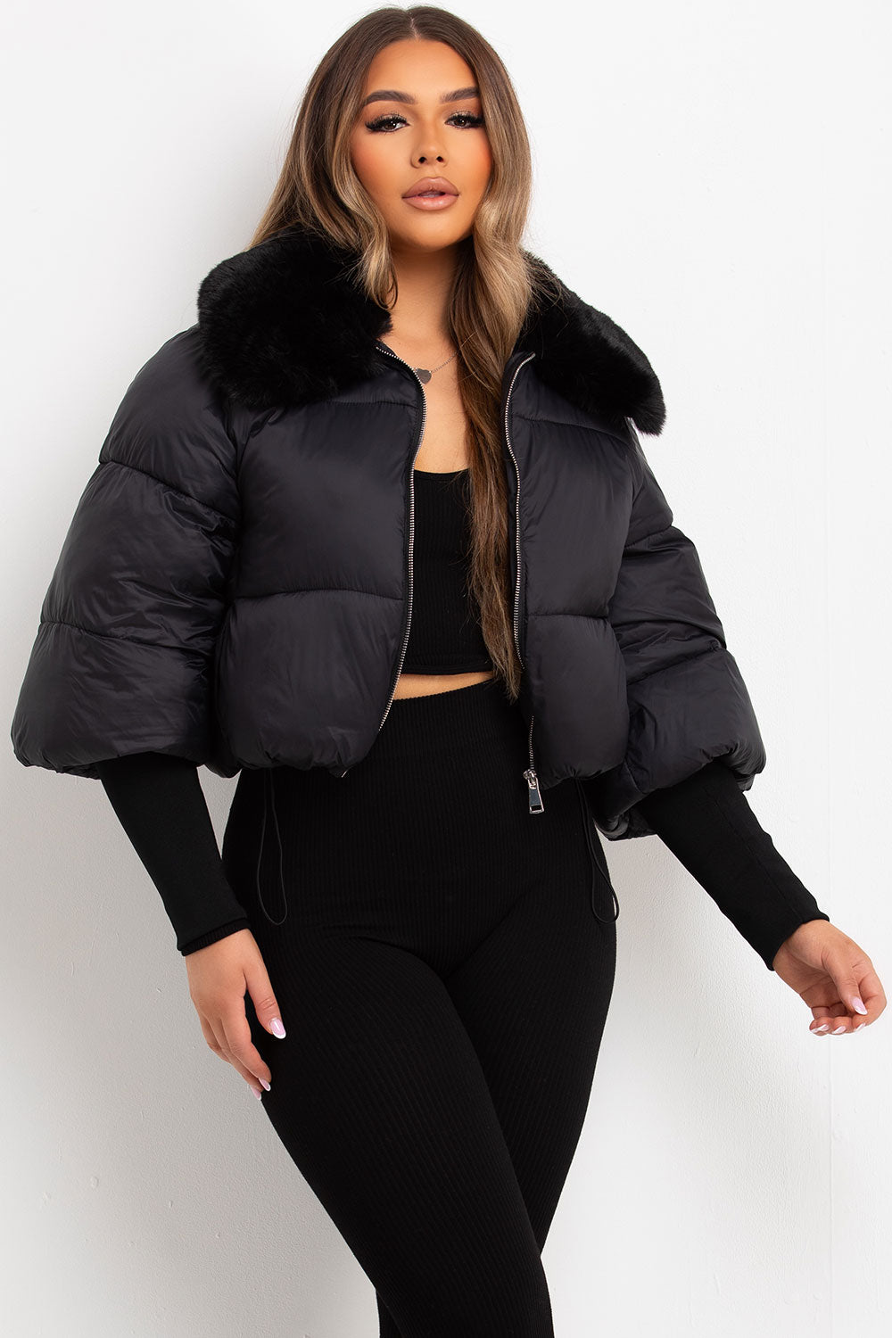 womens black puffer padded fur collar jacket with long ribbed cuff