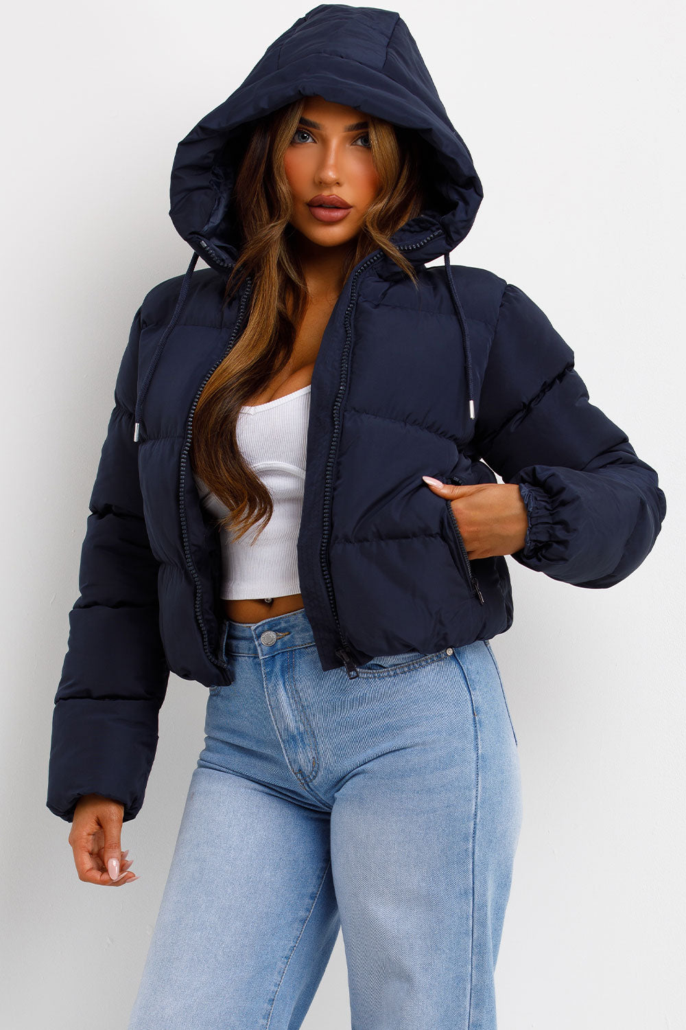 zara womens navy pdded puffer jacket with hood styledup