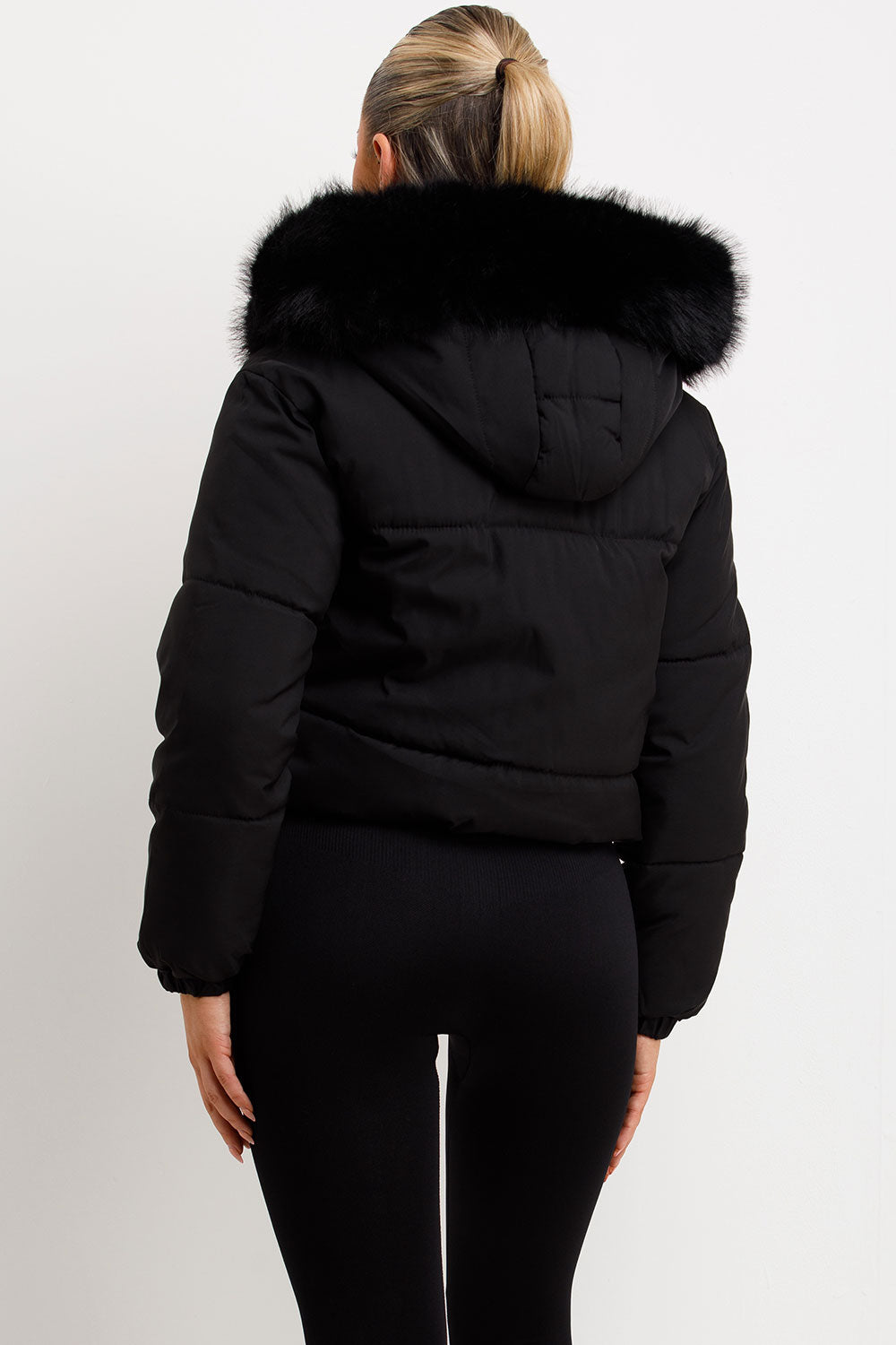 black faux fur hood padded bomber jacket for winter