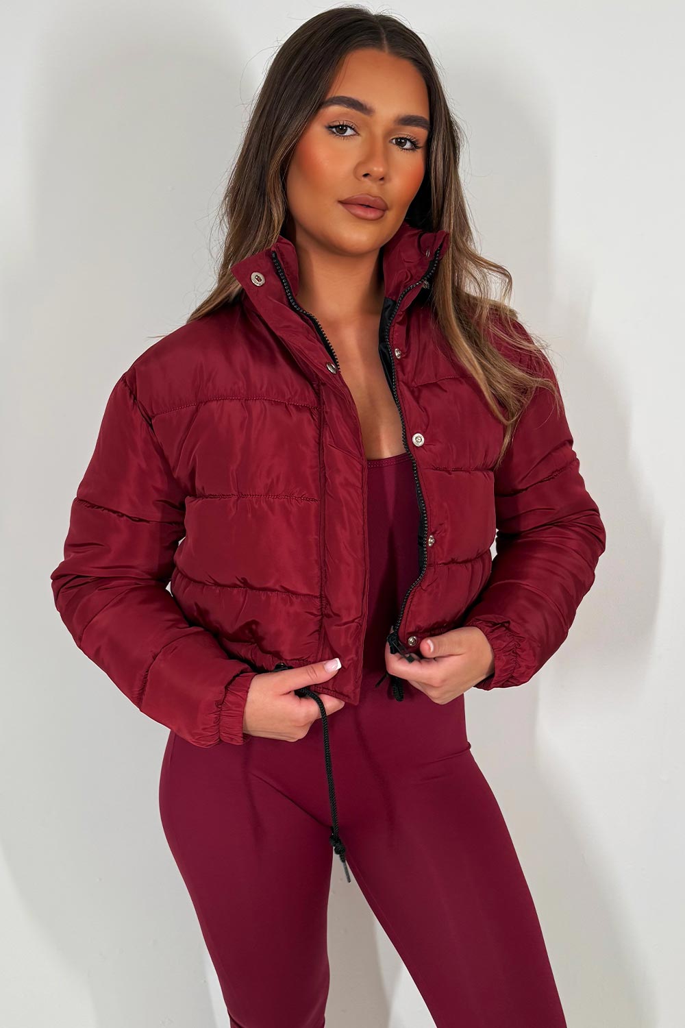womens crop padded puffer jacket with drawstring waist bershka