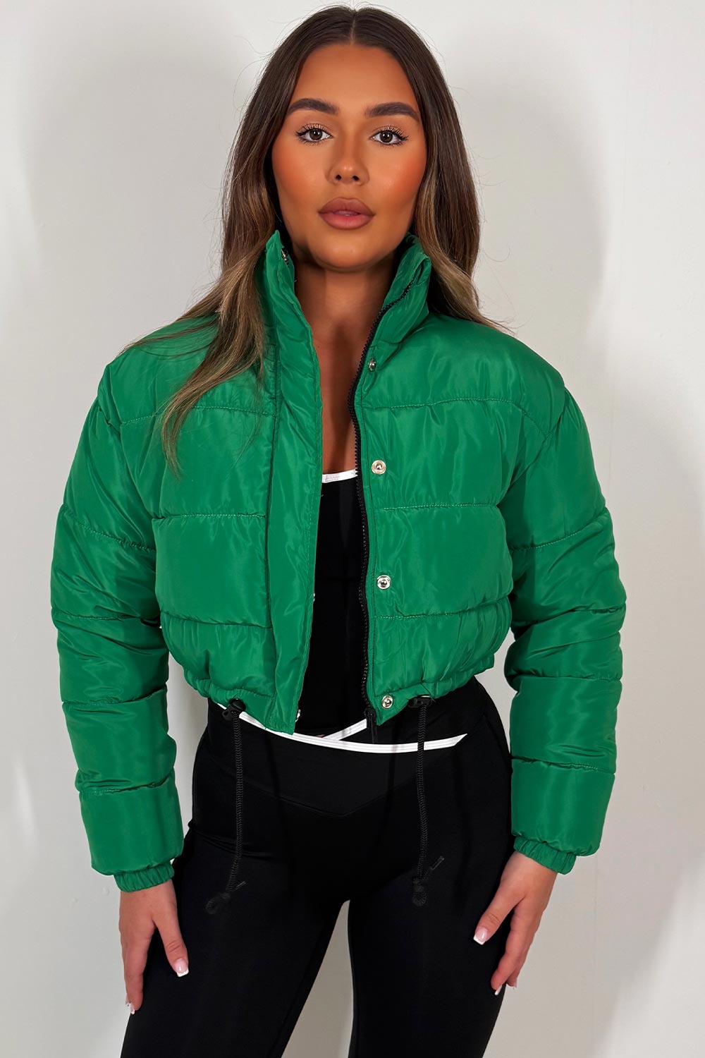 womens crop padded puffer jacket with drawstring waist bershka