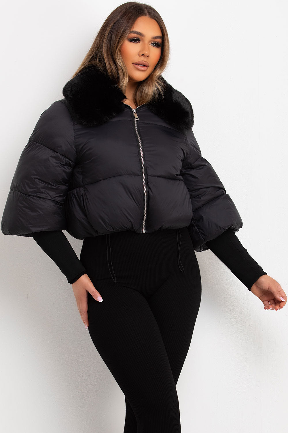 black padded puffer fur collar jacket styledup