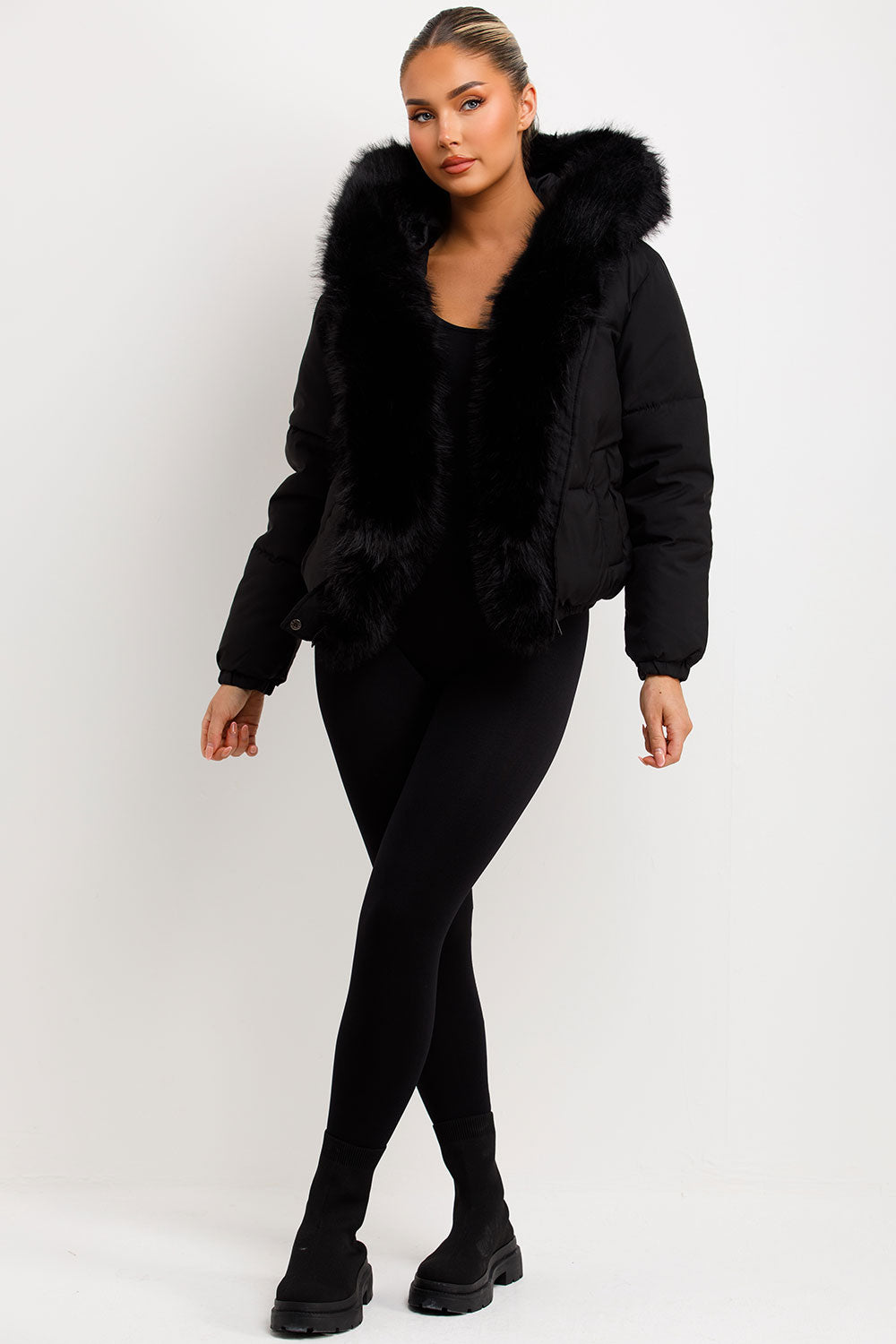 womens faux fur hood and trim padded bomber jacket black
