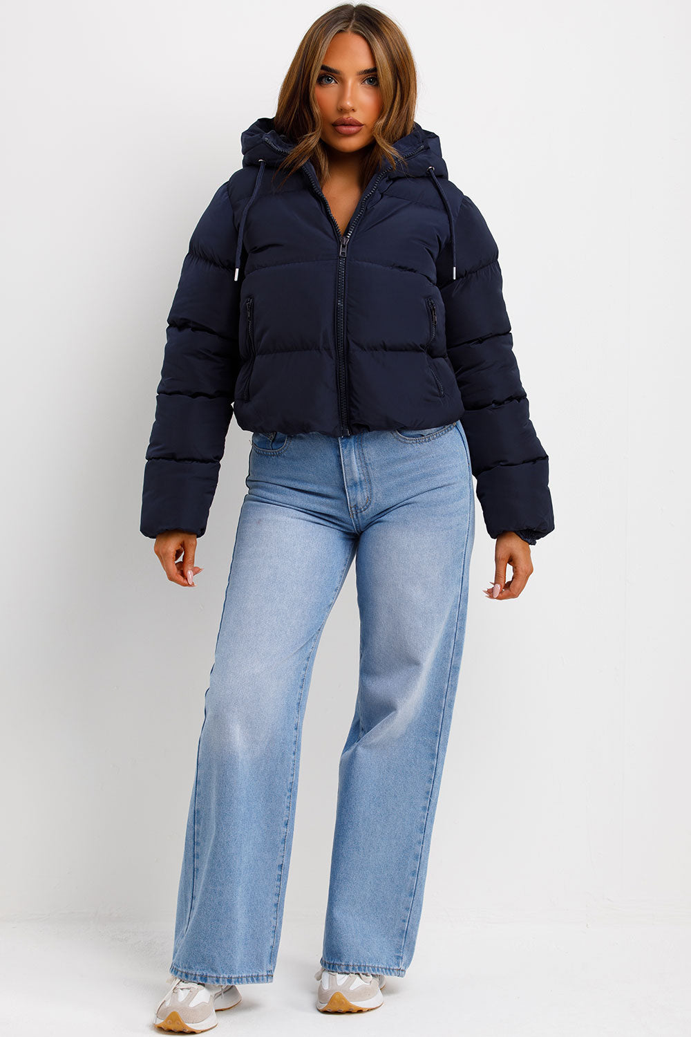 womens navy puffer padded hooded jacket cropped styledup