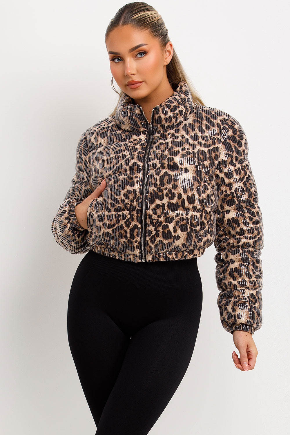 womens animal print puffer jacket with all over sequin styledup