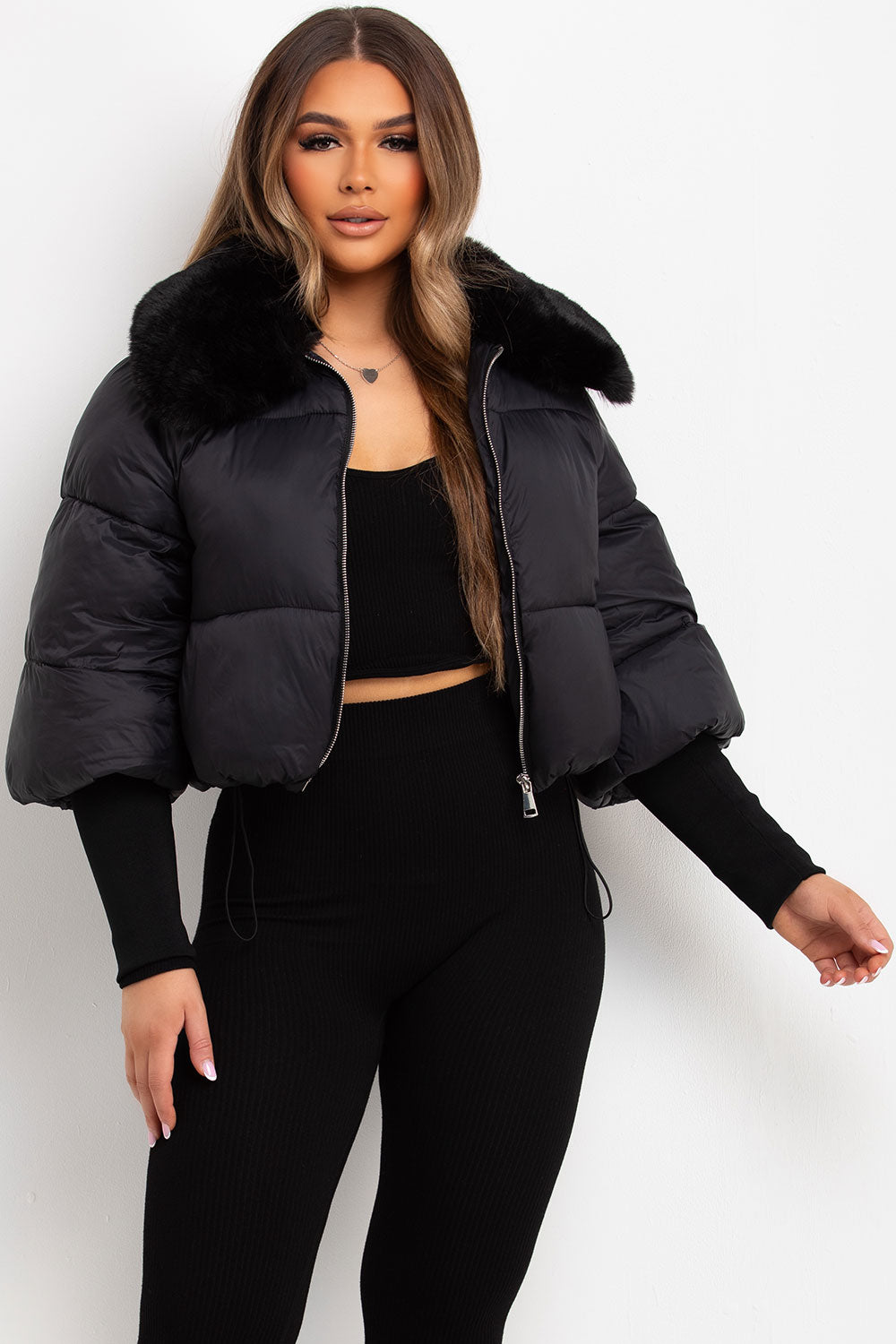 faux fur collar black puffer padded jacket styledup