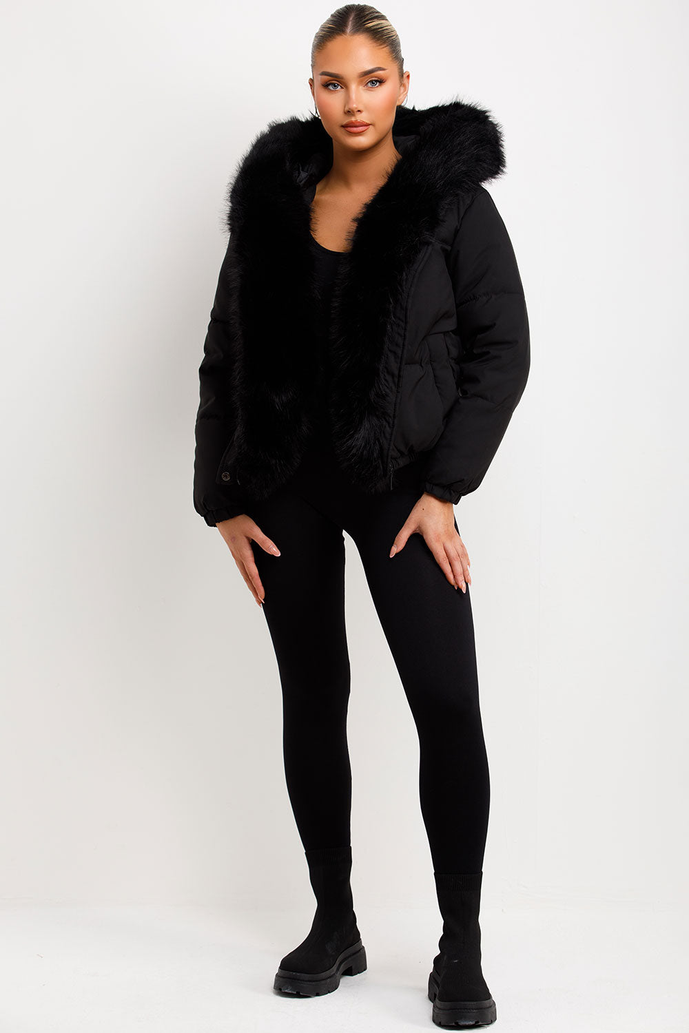 padded bomber jacket with fur hood and trim black for womens