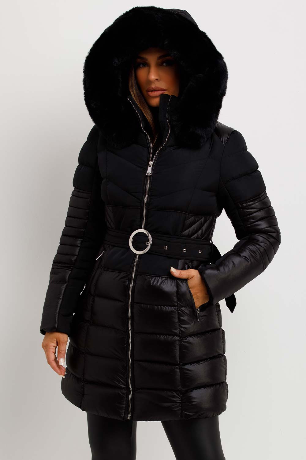 womens fur hood padded puffer quilted coat