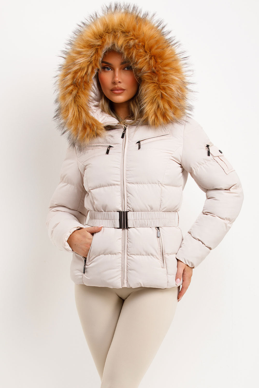 faux fur hood puffer jacket for womens