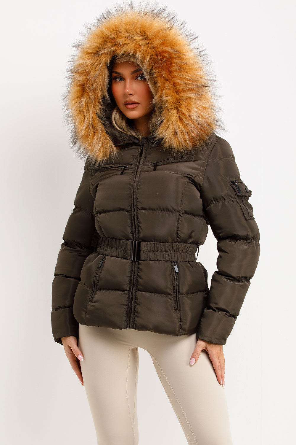 faux fur hood puffer jacket for womens