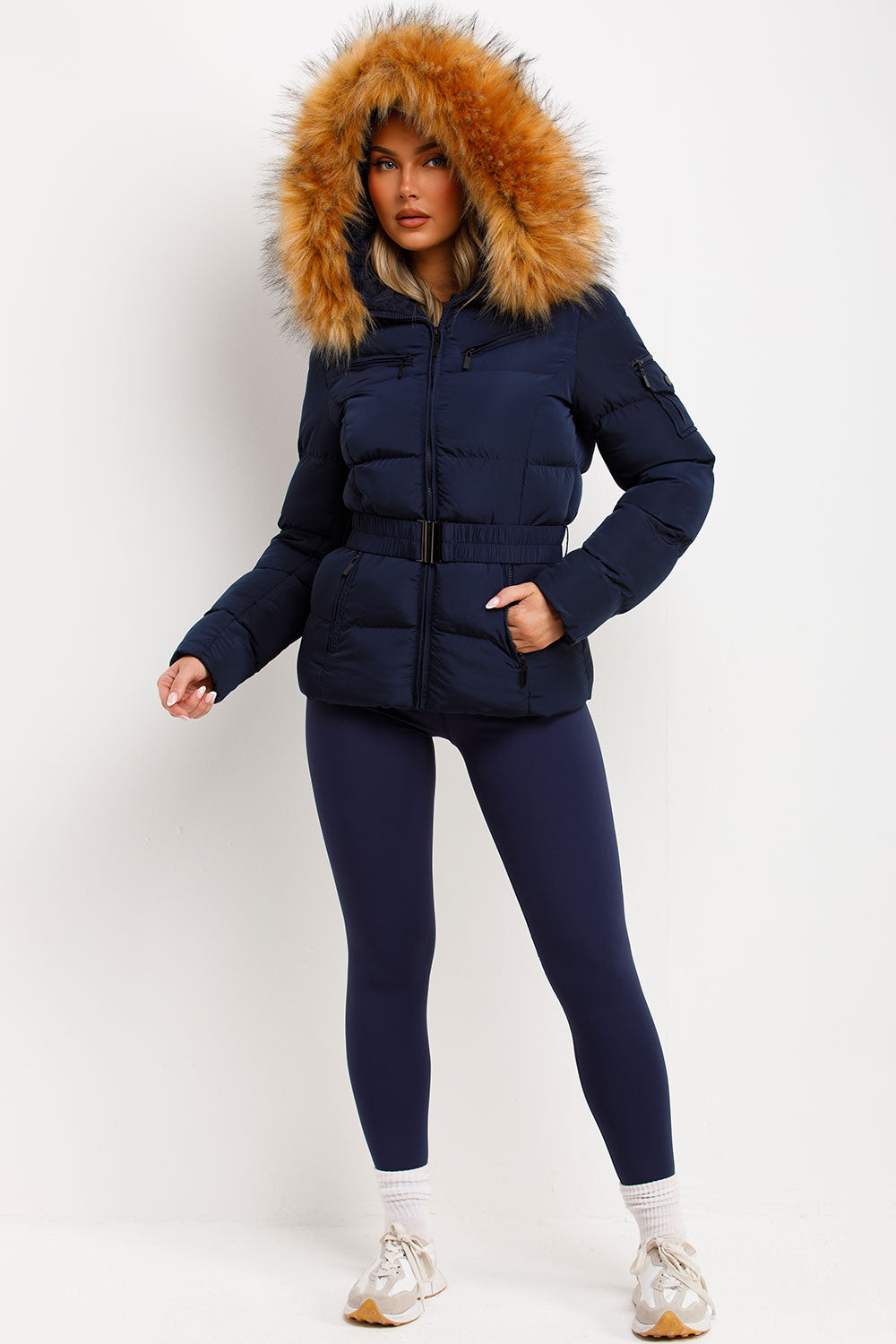 faux fur hood puffer padded winter coat with belt for womens styled up