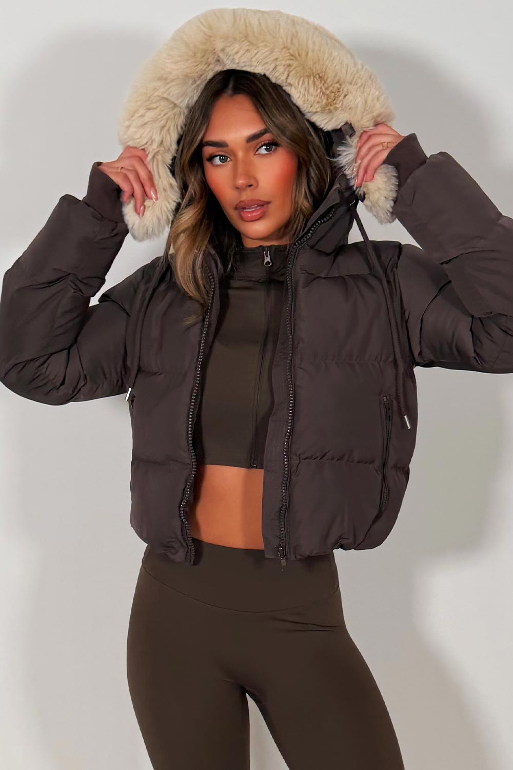 womens faux fur hood puffer jacket brown