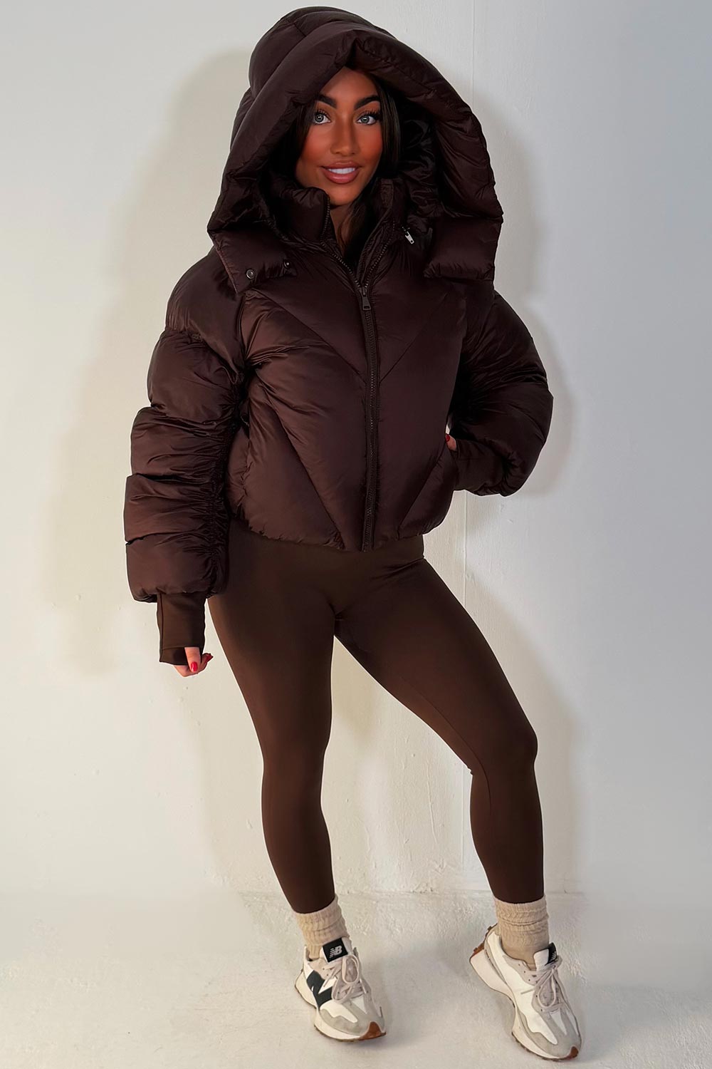 puffer padded quilted winter jacket with hood and thumb holes