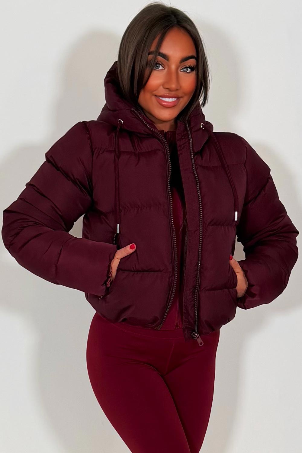 womens zara puffer jacket burgundy