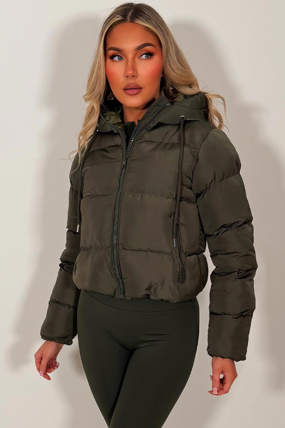 womens zara puffer jacket khaki