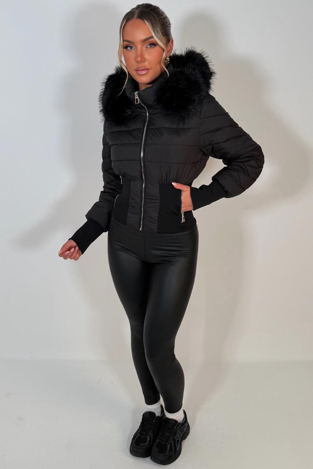 womens black puffer padded ski jacket with fur hood styledup uk