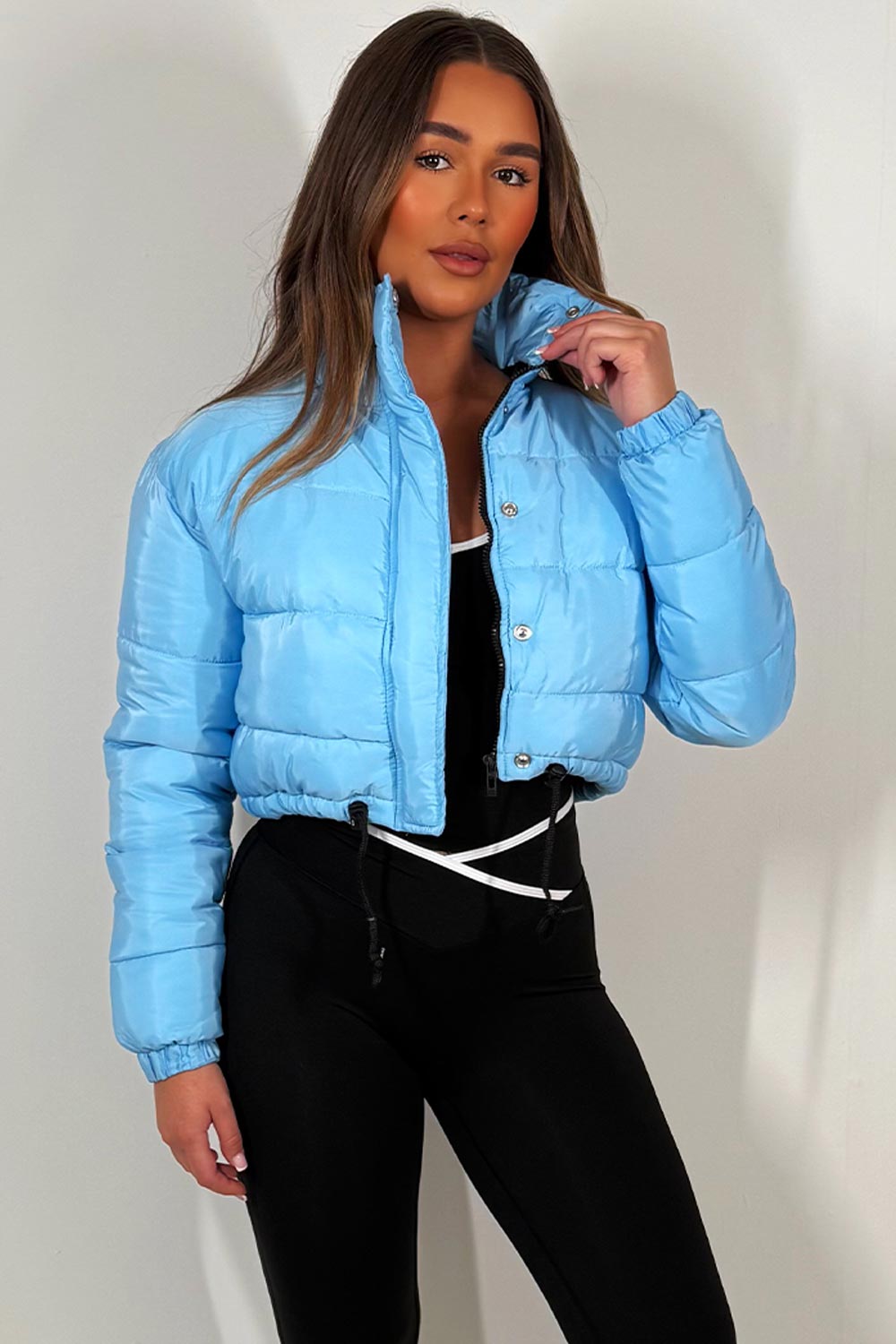womens crop padded puffer jacket with drawstring waist bershka