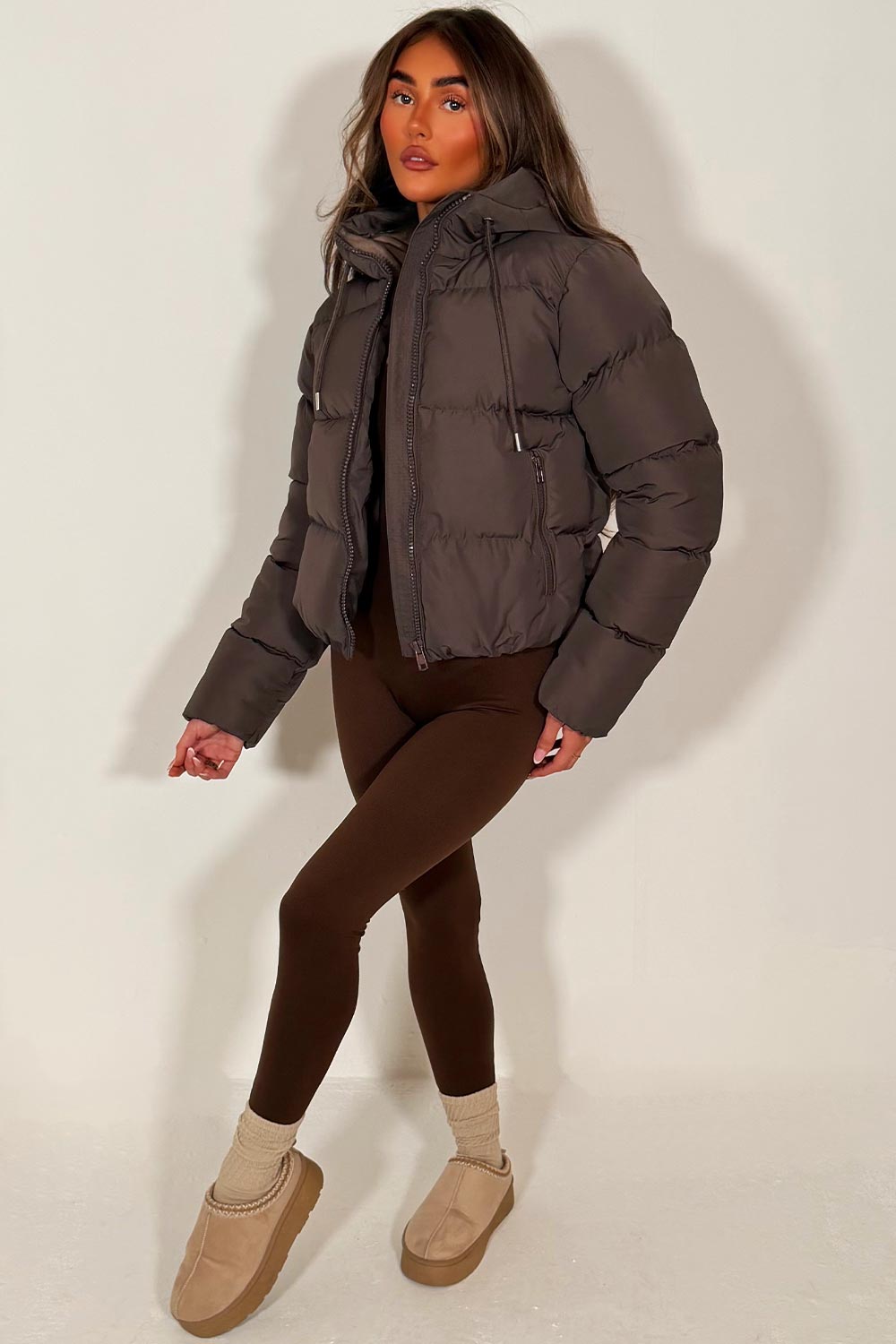 womens brown puffer padded hooded winter jacket zara uk