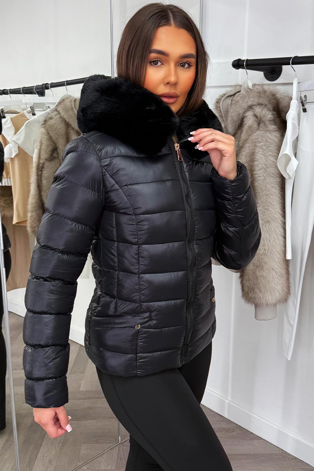 shiny puffer jacket with for hood womens