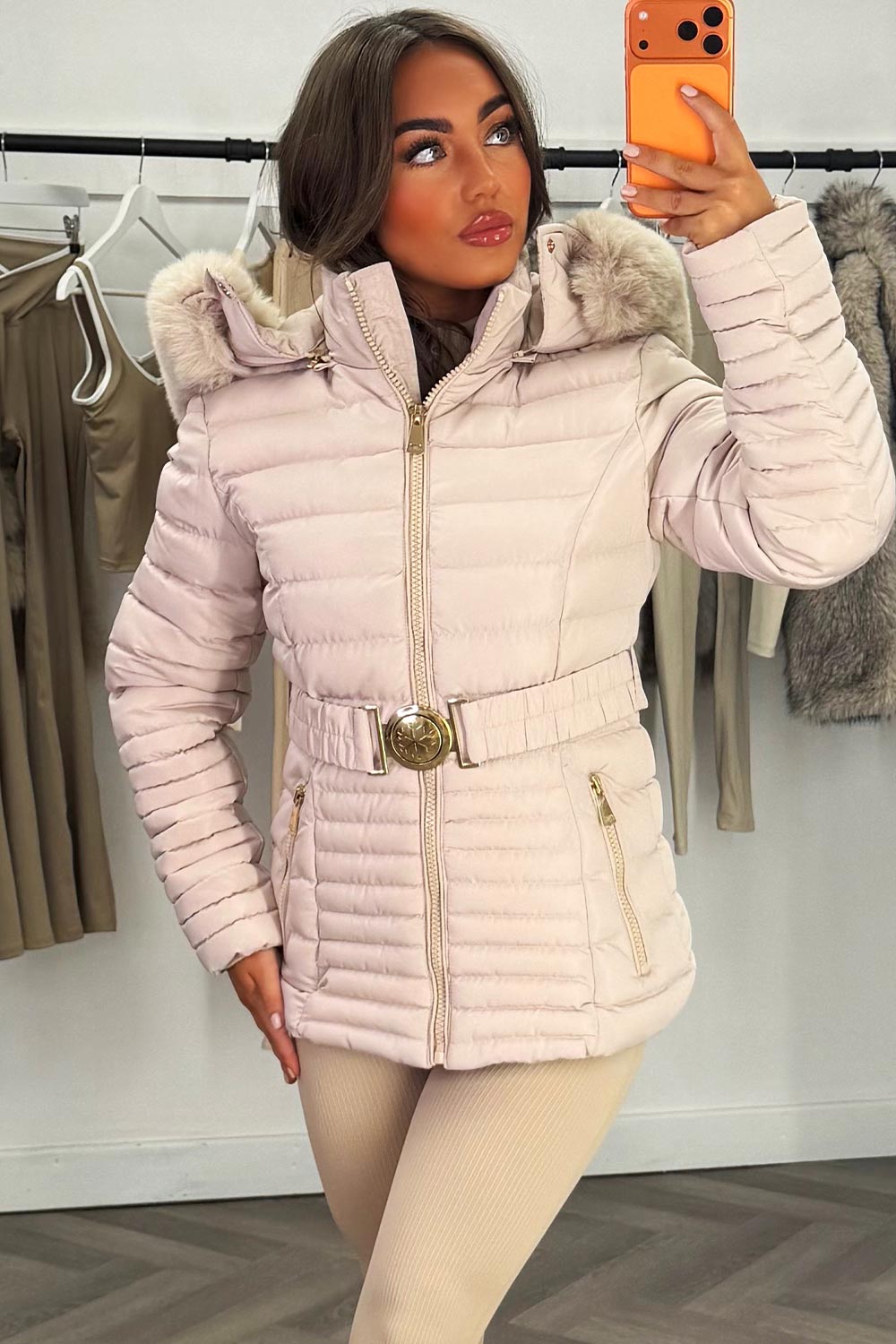 womens fur hood puffer coat with belt styledup