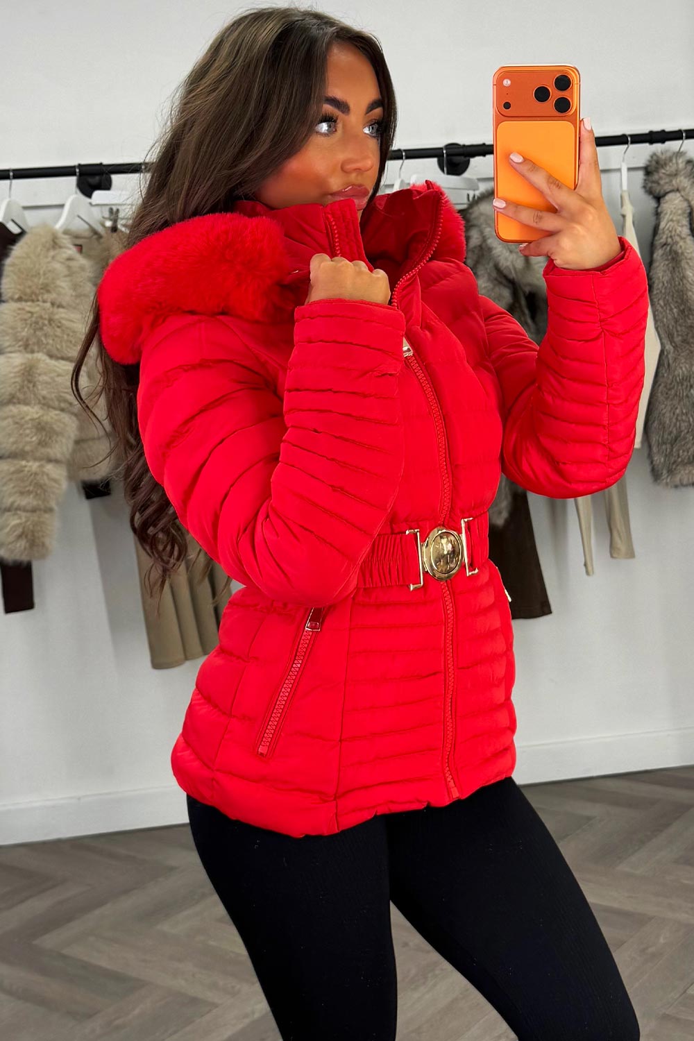 faux fur hood padded puffer winter coat for womens red colour really warm