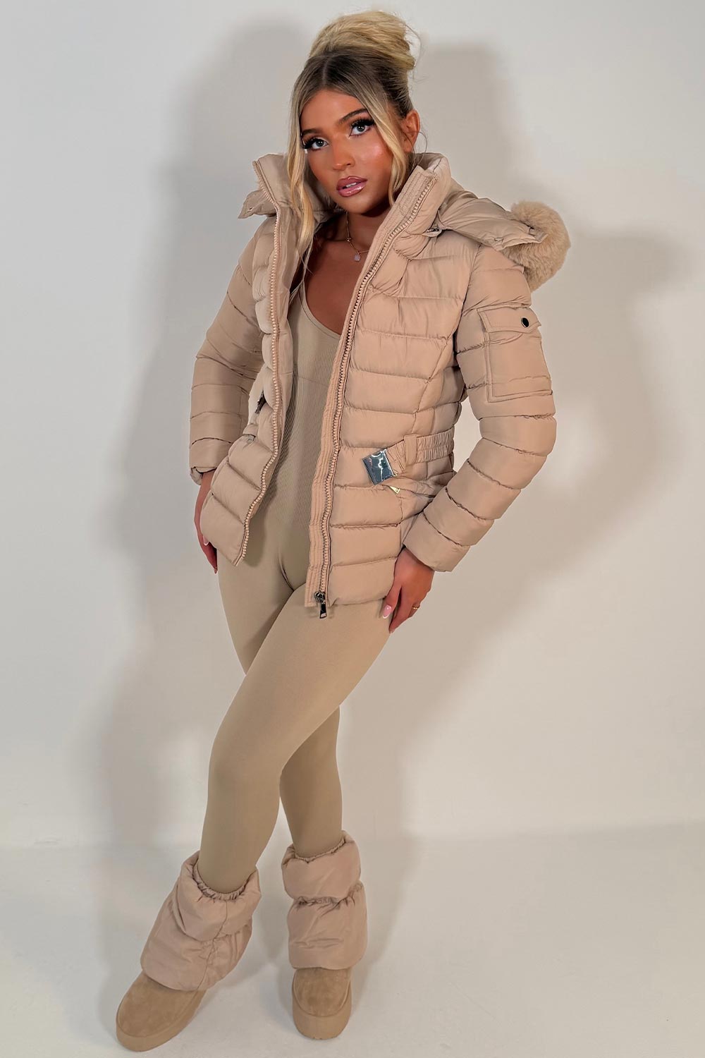 womens faux fur padded puffer hooded coat styledup