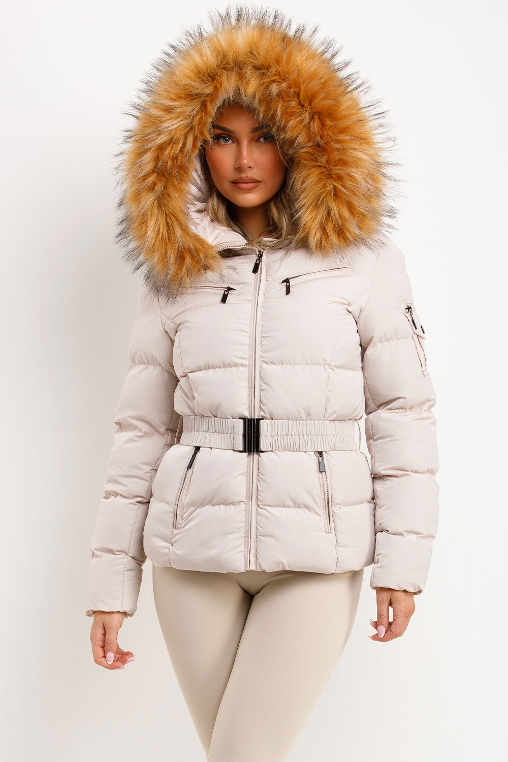 womens winter coat with faux fur hood and belt styled up