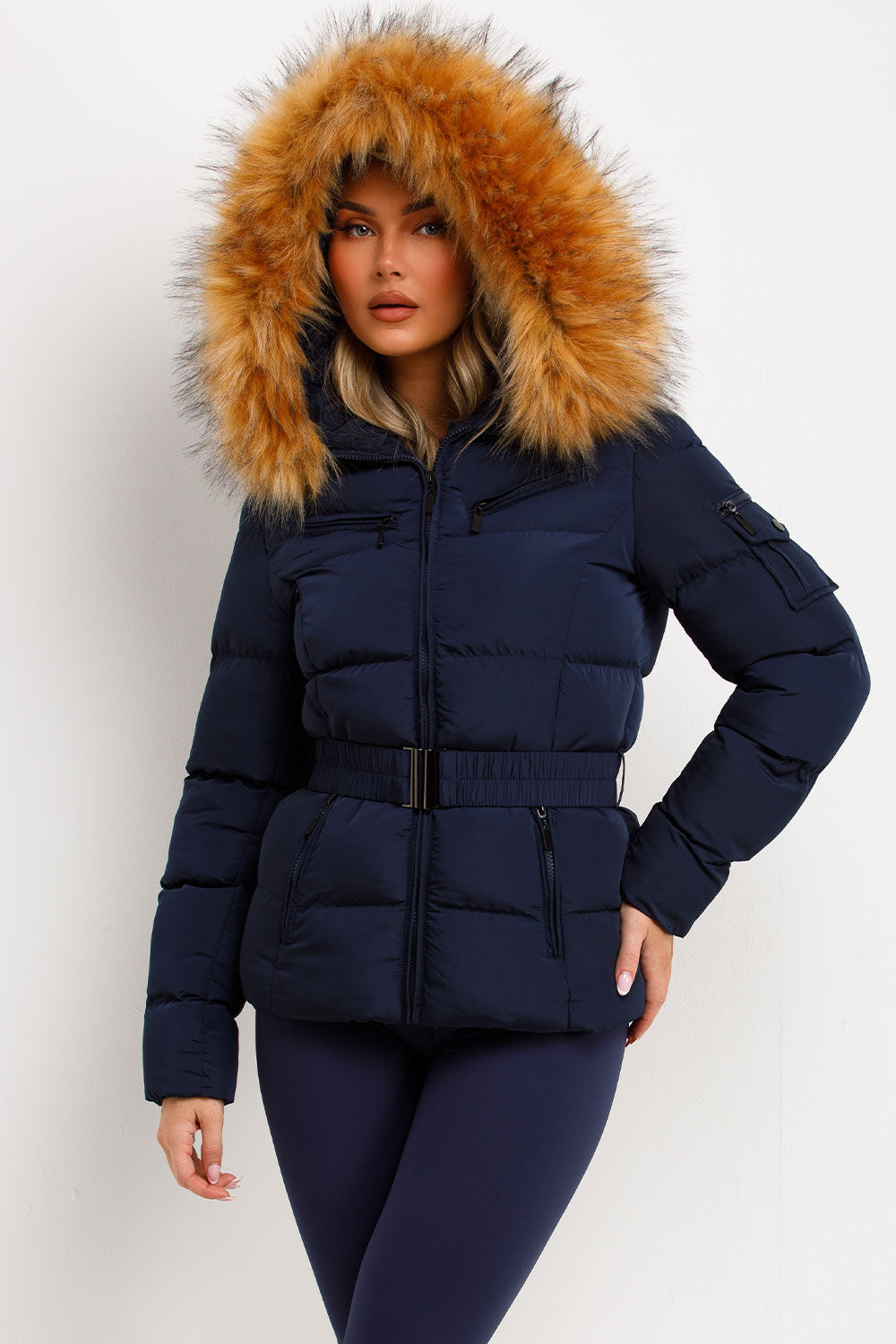 faux fur hood puffer jacket for womens