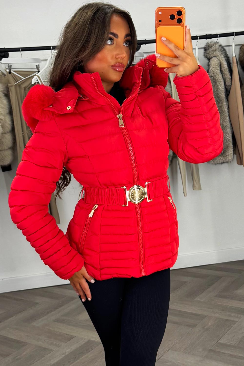 faux fur hood puffer padded winter coat with belt