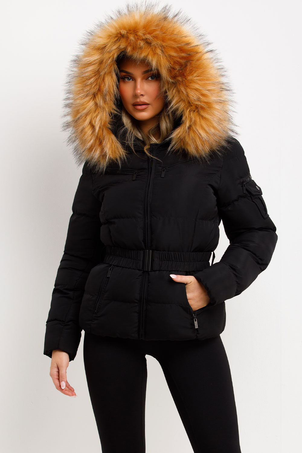 puffer jacket with fluffy fur hood styled up