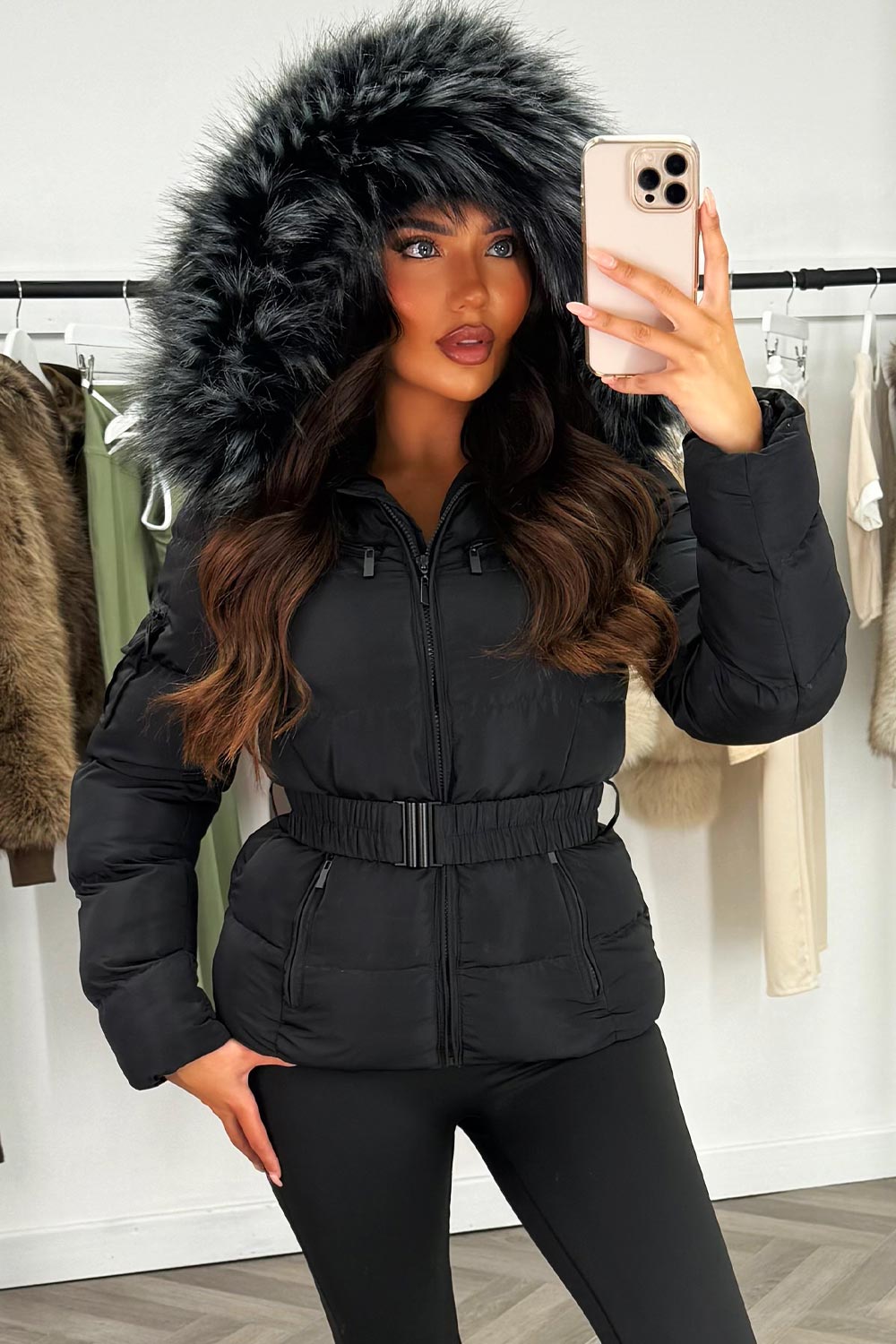 black faux fur hood winter jacket with belt styledup