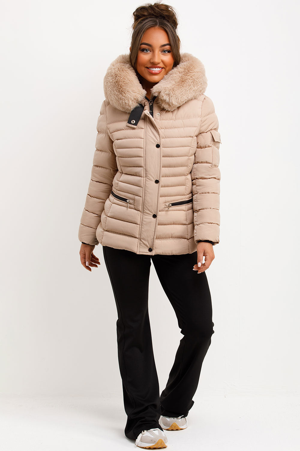 womens padded puffer winter jacket with faux fur hood and zip pockets