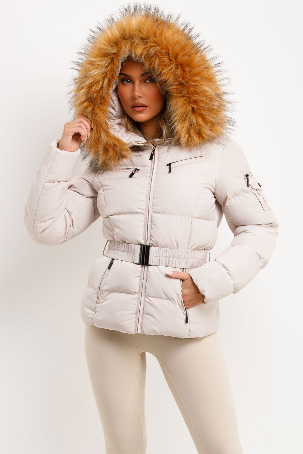 puffer coat with fur hood styled up