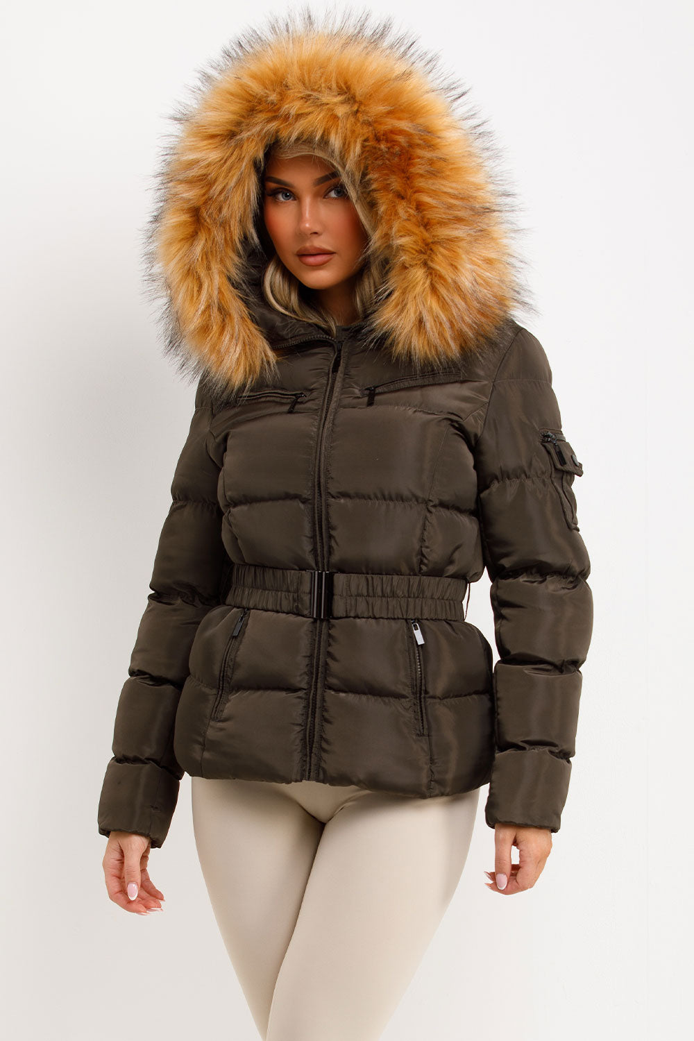 puffer coat with fur hood styled up