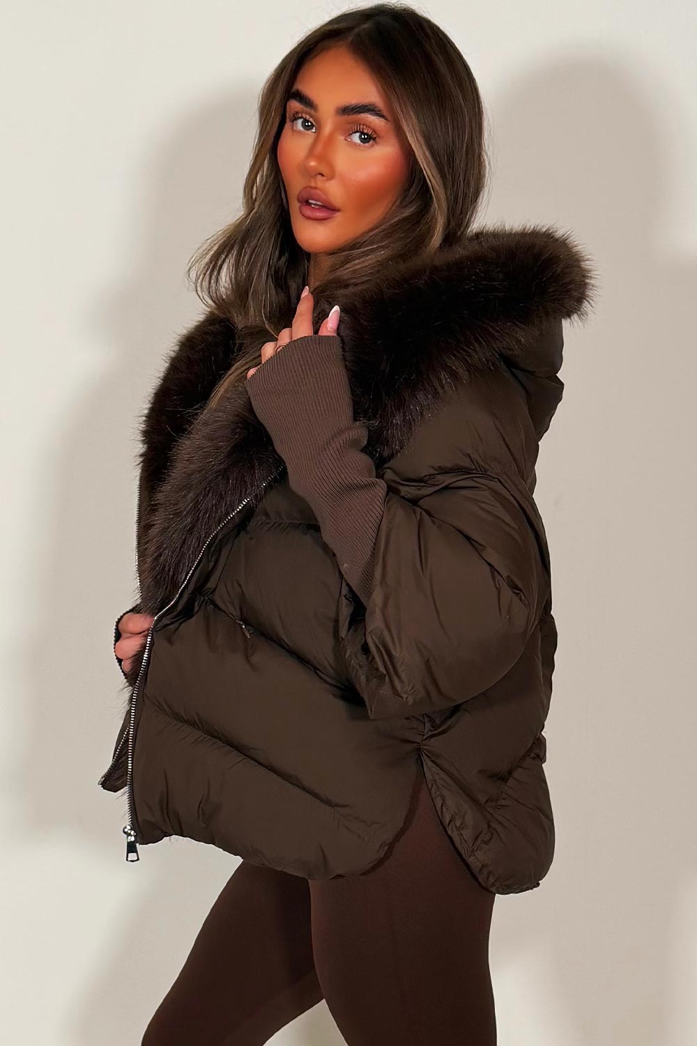 brown fur hood puffer jacket with fur trim on the front womens outerwear winter jacket styledup