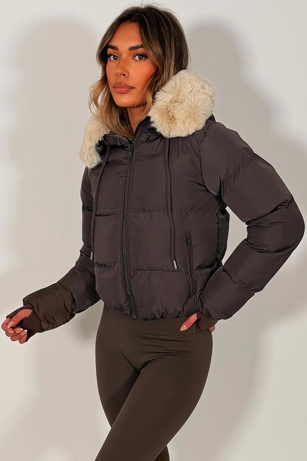 brown padded puffer jacket with faux fur hood womens zara uk