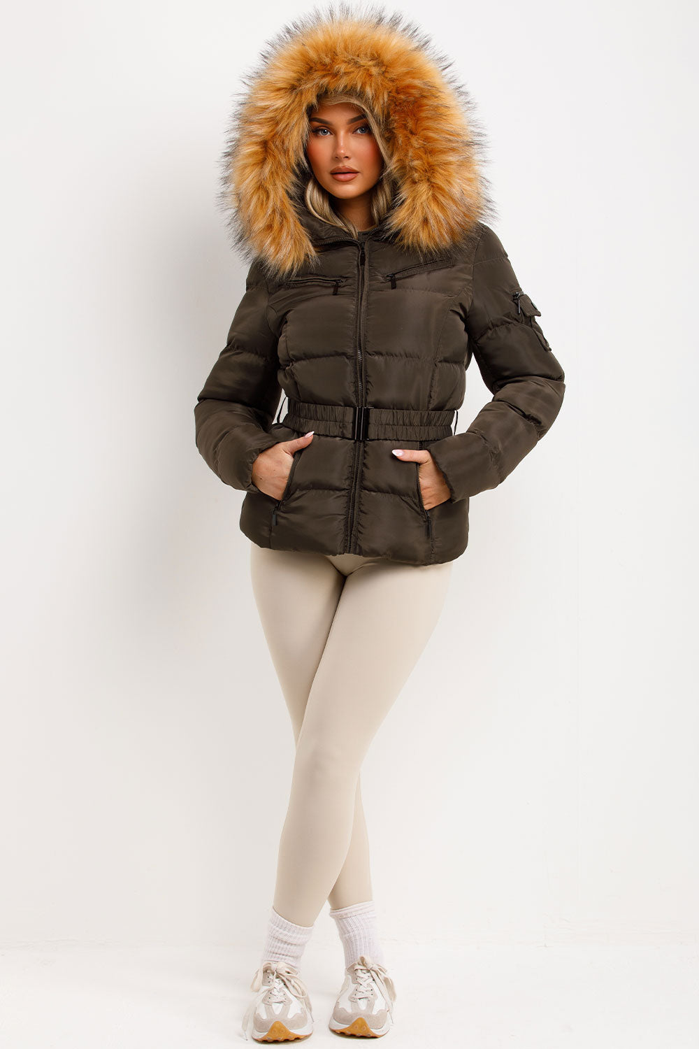 faux fur hood puffer padded winter coat with belt for womens styled up