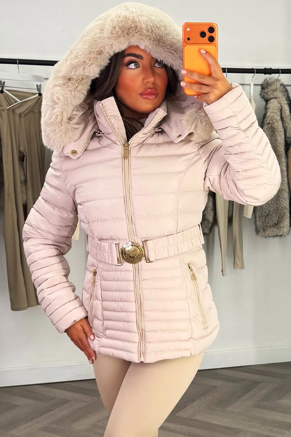 styledup puffer coat with fur hood for womens