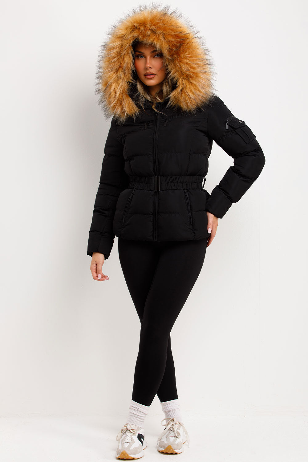 faux fur hood puffer padded winter coat with belt for womens styled up