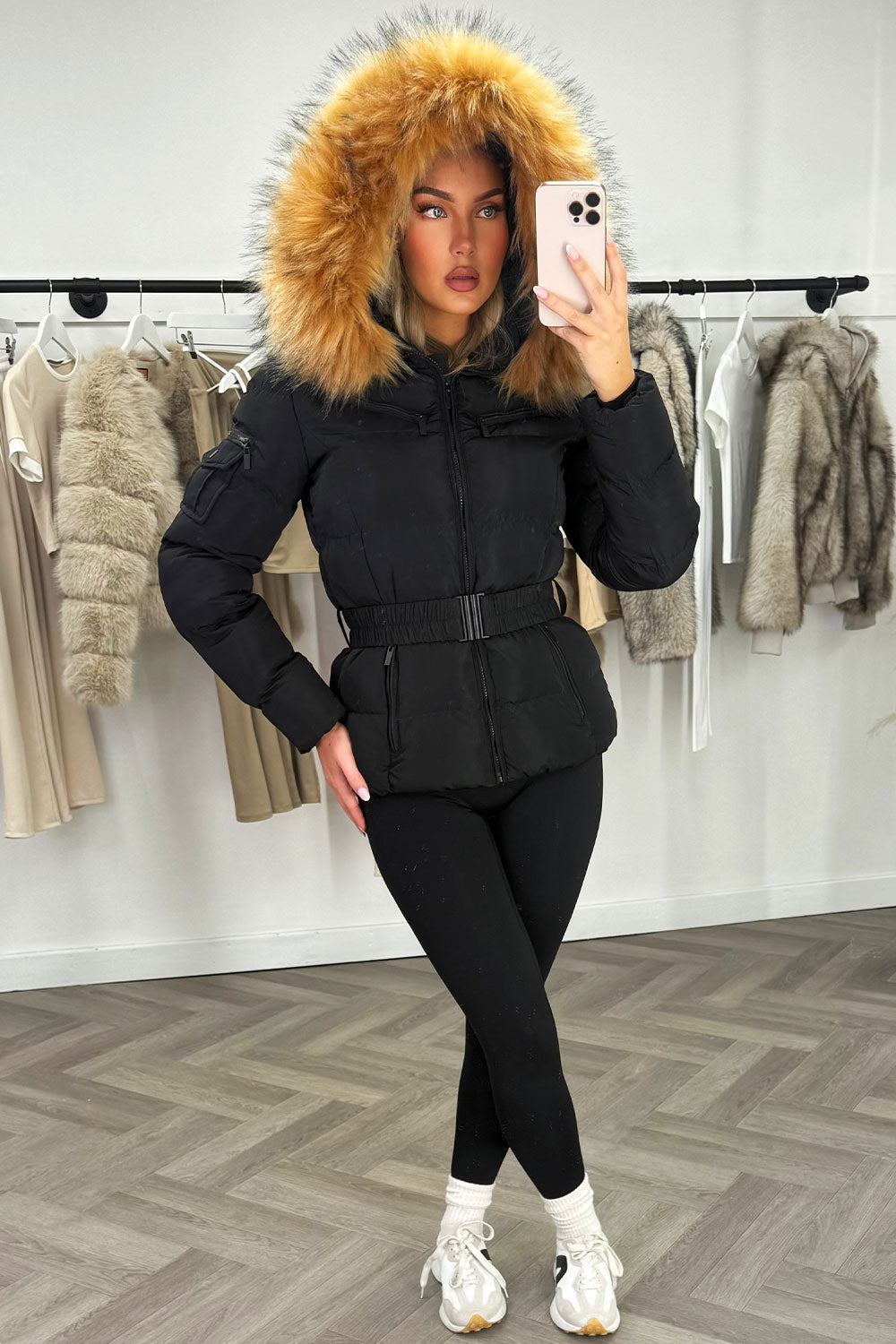 how to style belted puffer jacket with fur hood for winter women UK